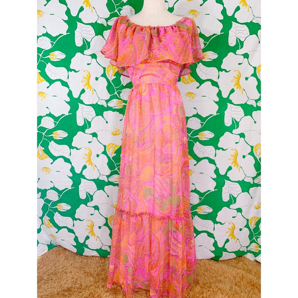 SOLDVintag 70s psychedelic Off Shoulder Maxi Dress